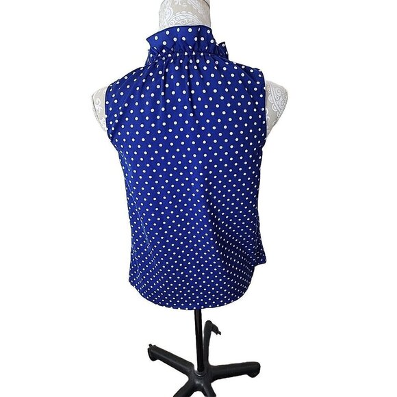 J. Crew Top Sleeveless Blue Polka Dot Ruffled Neck Blouse Business Women's 2 - Picture 4 of 8